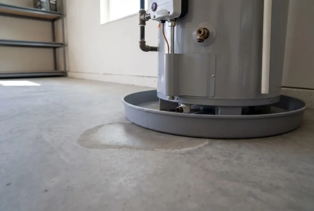 Concrete garage floor around the base of a water heater