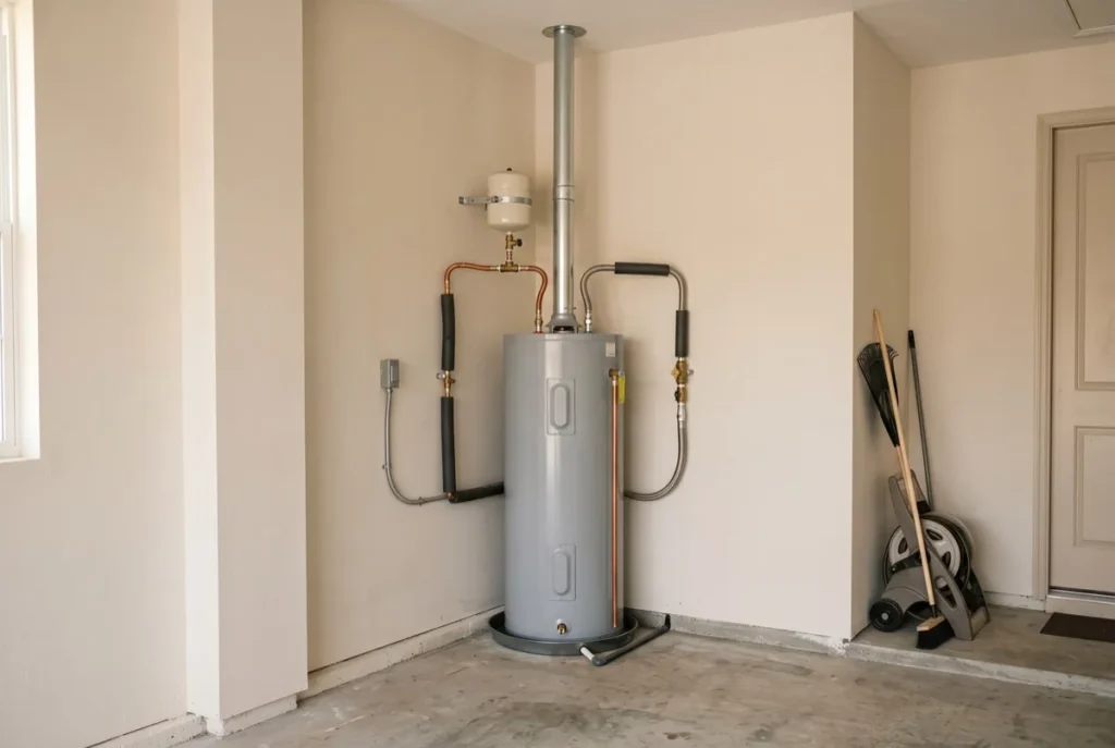 Corner of a garage where a water heater is connected