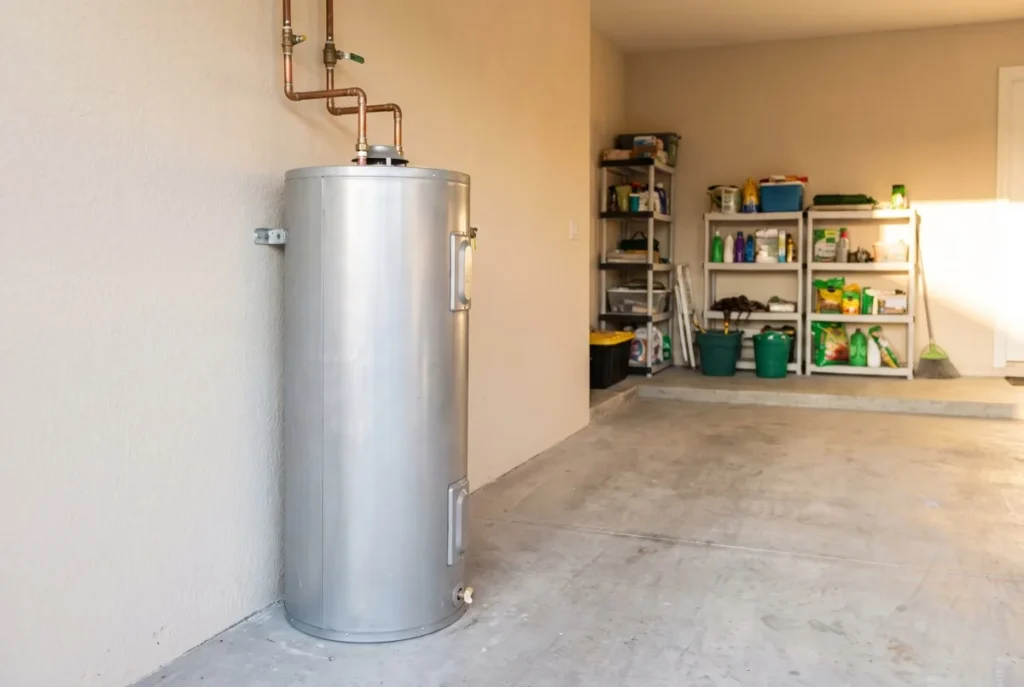Tank water heater standing in a residential garage