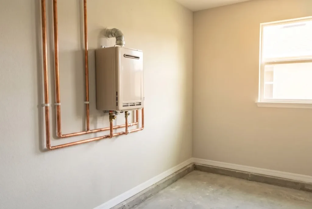 Compact wall-mounted water heater unit in a utility space