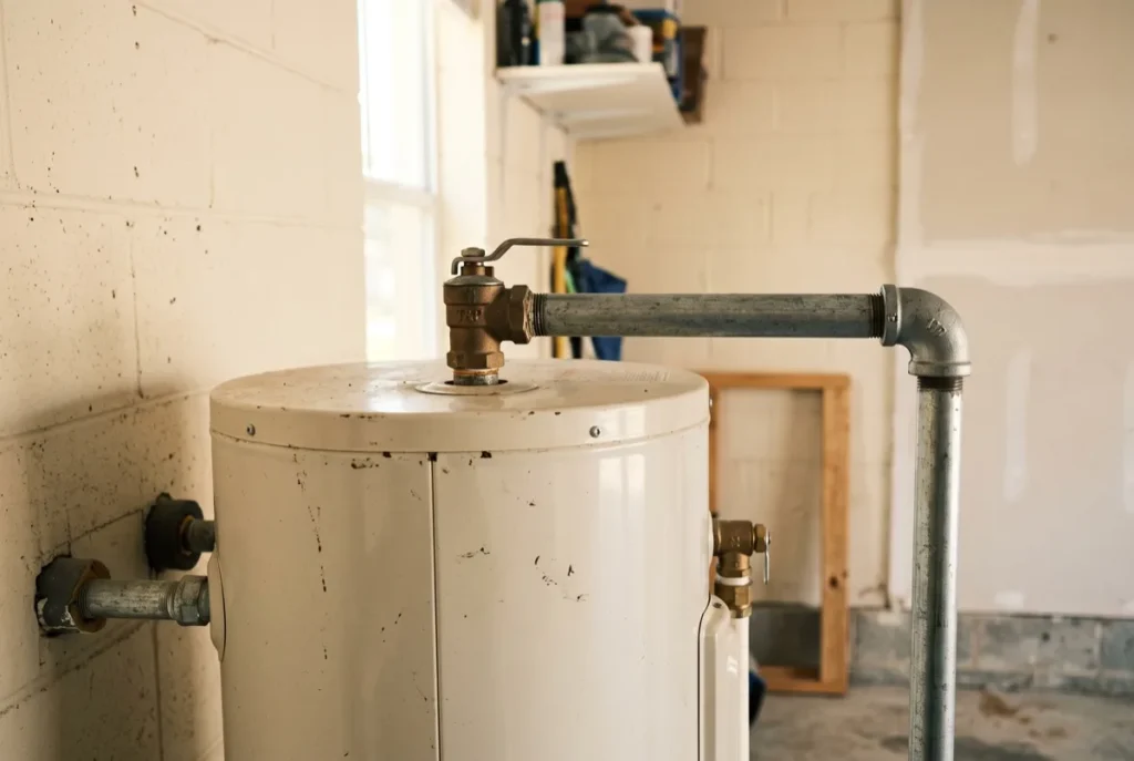 Temperature and pressure relief valve on the side of a water heater