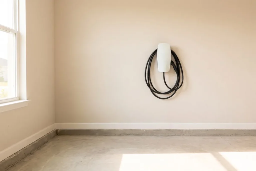Charging unit mounted on a garage wall