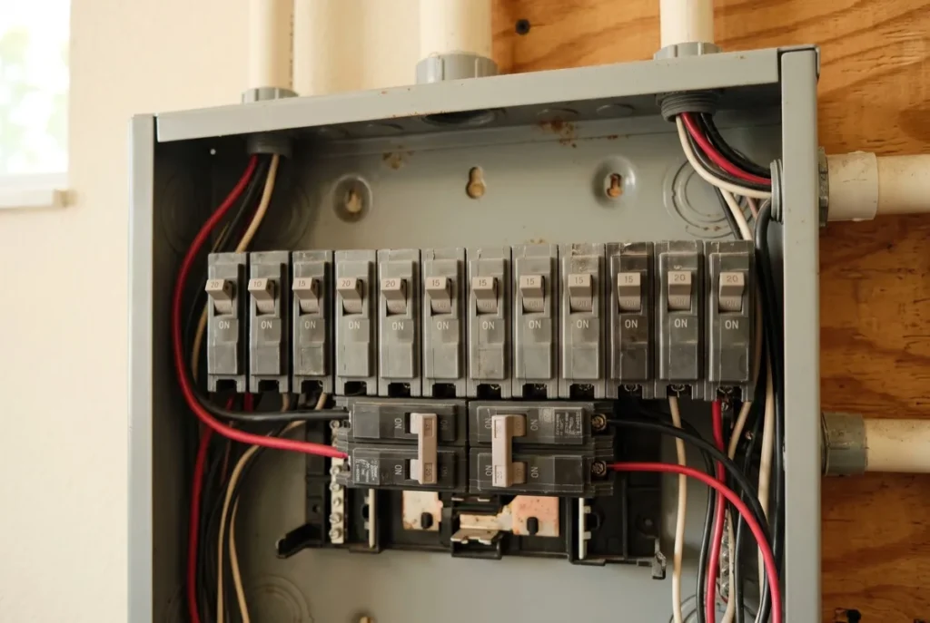 Row of breakers inside a residential electrical panel