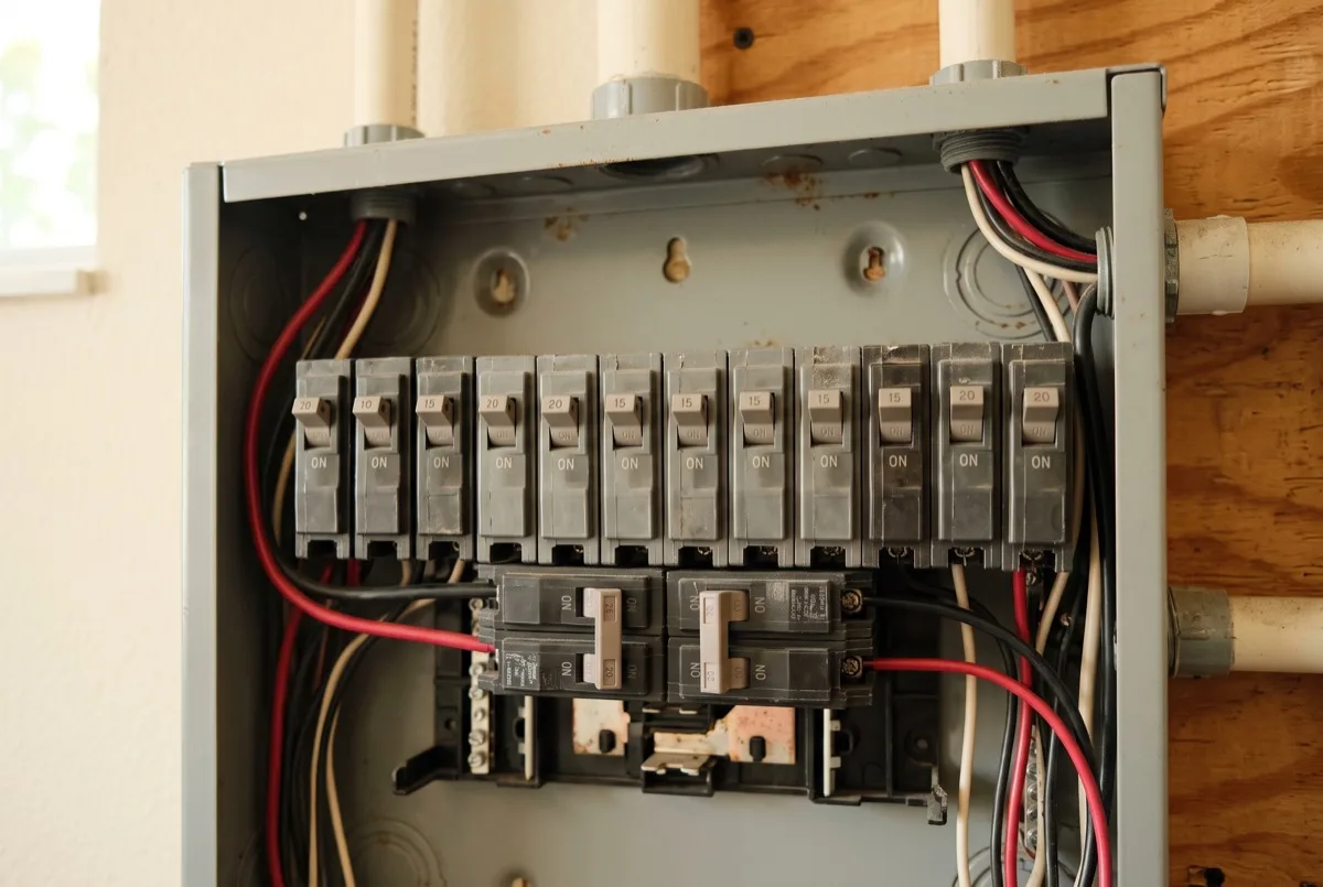 Row of breakers inside a residential electrical panel