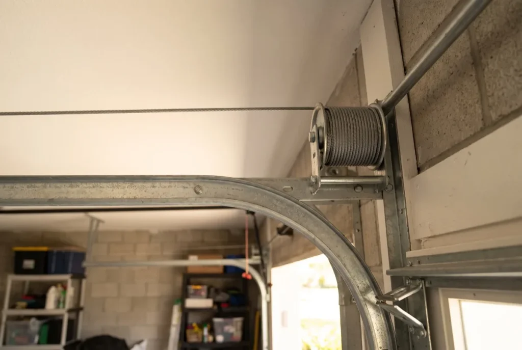 Cable and drum at the top corner of a garage door track
