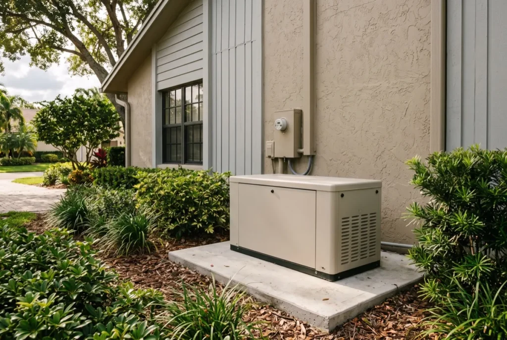 Standby generator set on a pad beside a Florida home