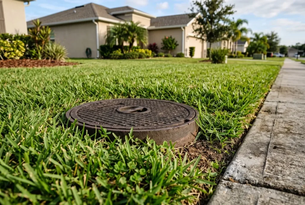 Water meter box set into a residential lawn