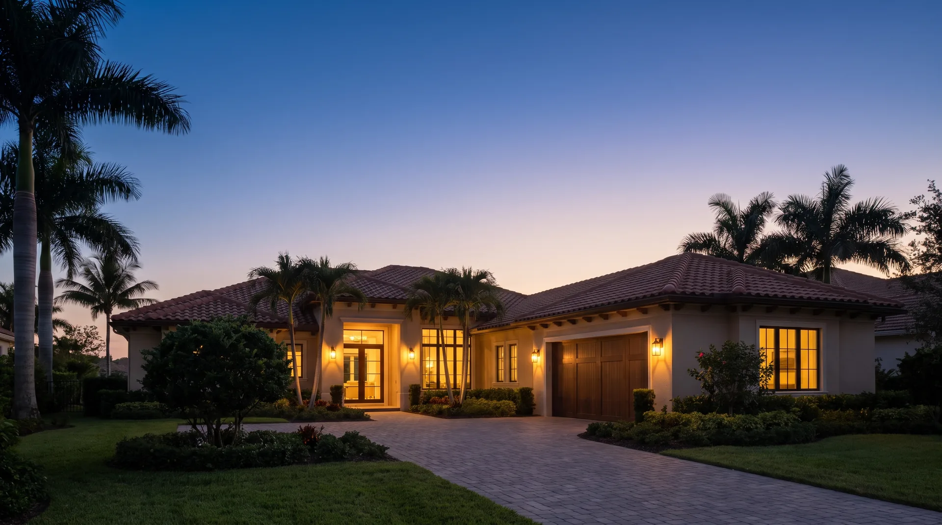 Single-story Florida home at dusk, with warm light in the windows and palm trees