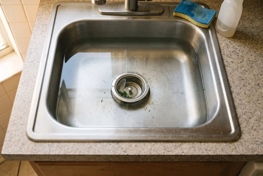 Standing water sitting in a kitchen sink basin