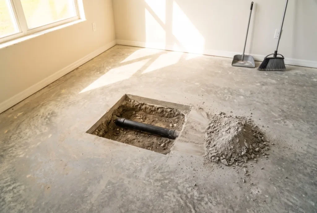 Concrete slab floor opened to reach a pipe underneath