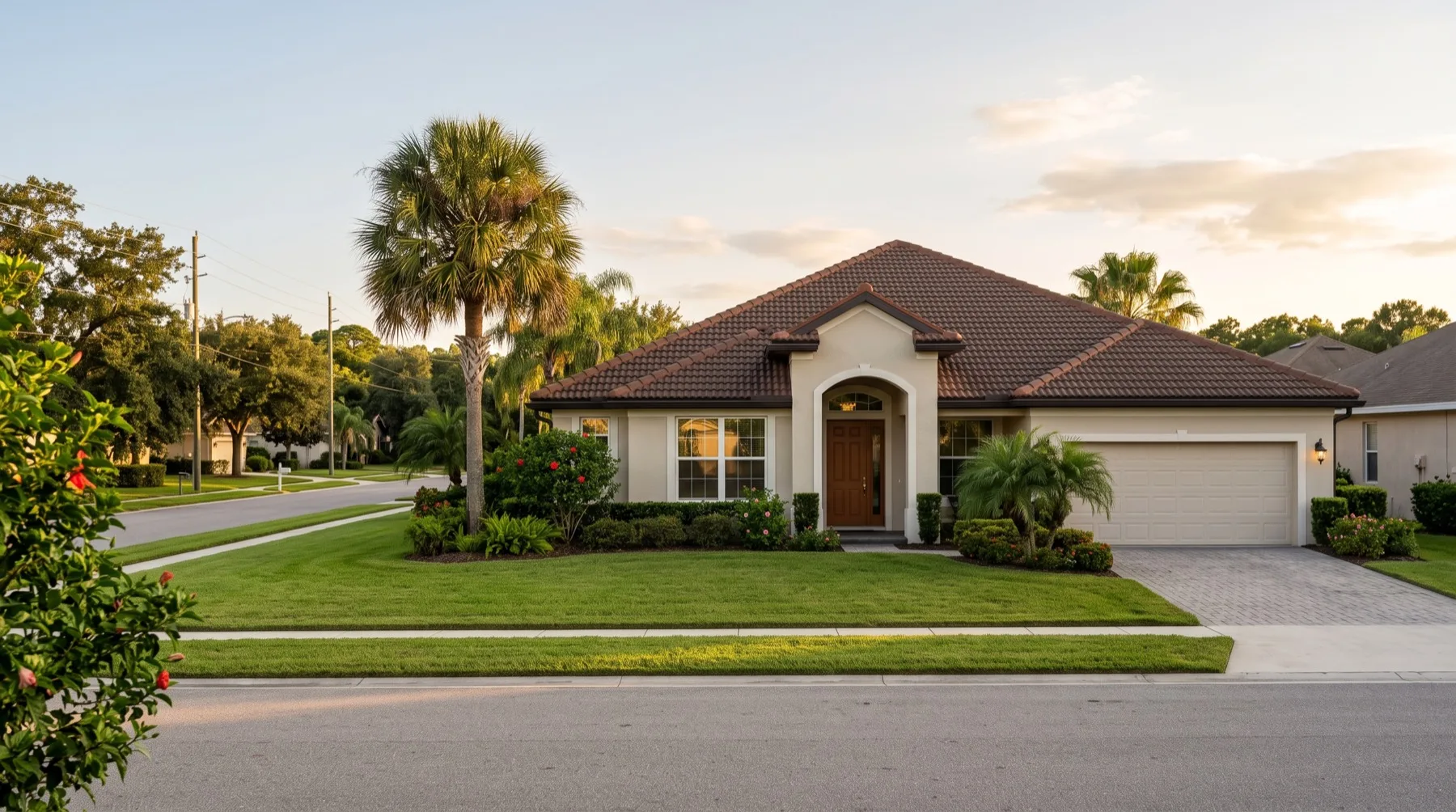Single-story Florida home at the end of the afternoon