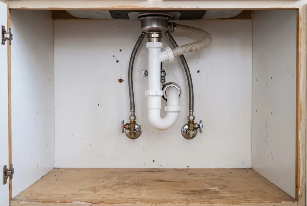 Trap, supply lines, and shutoff valves inside a sink cabinet