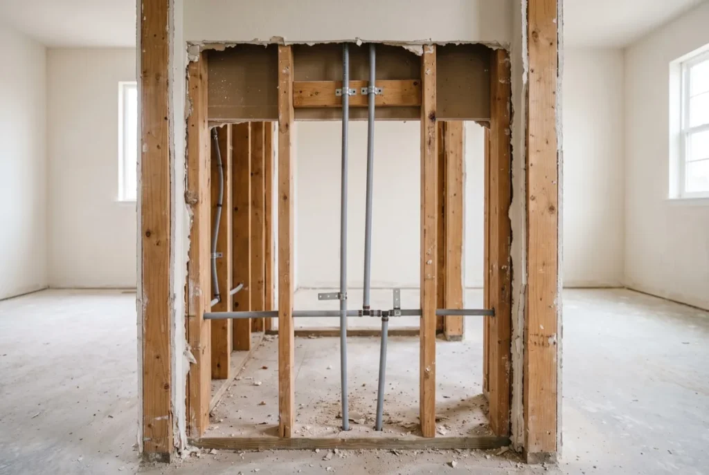 Water supply piping running through open wall framing