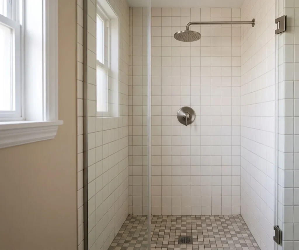 Tiled shower alcove with a wall-mounted valve and head