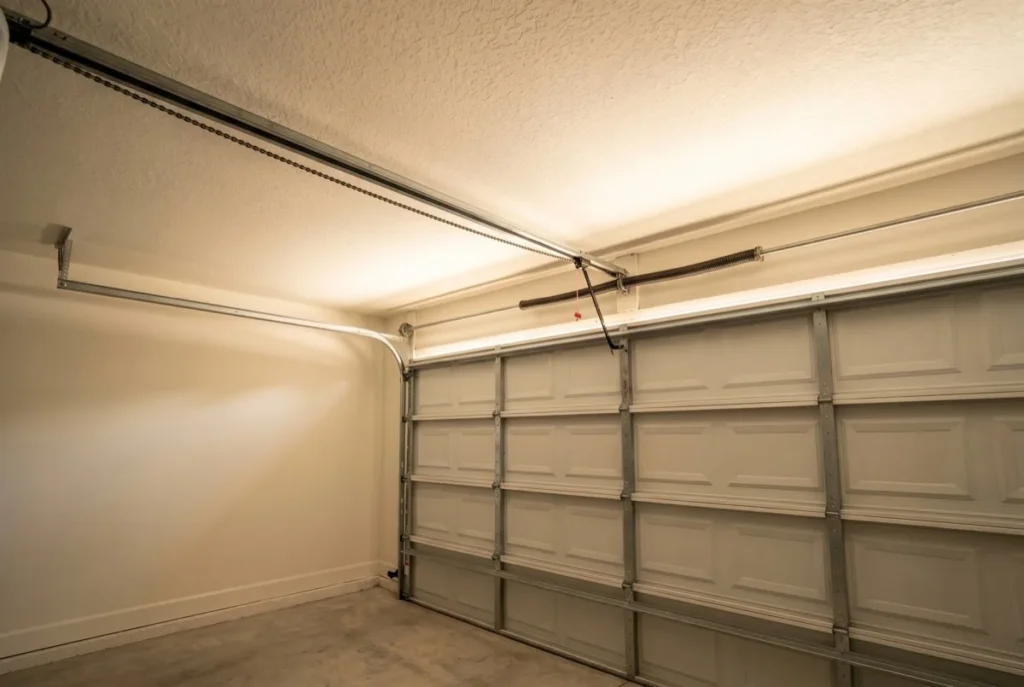 Garage door track, spring and opener rail seen from inside