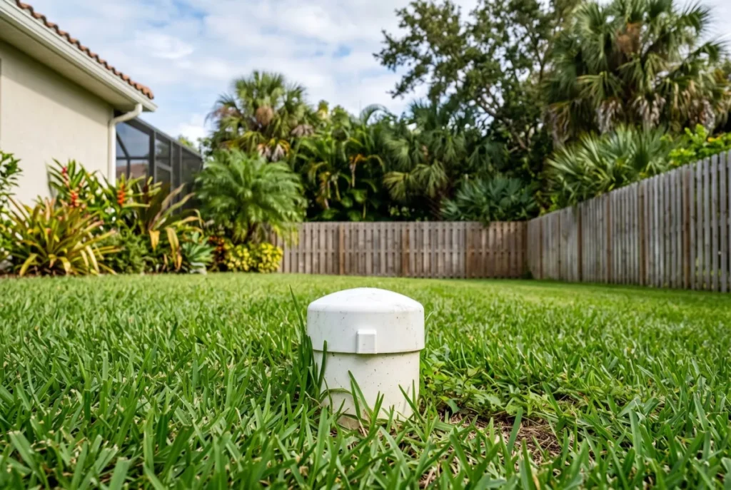 Sewer cleanout cap in a residential back yard