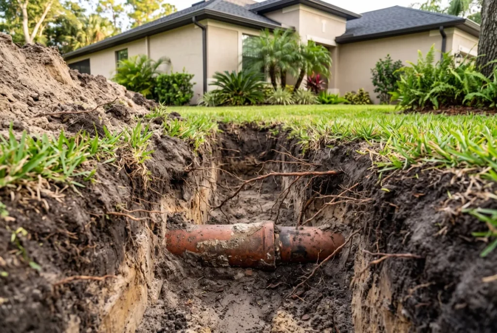Old sewer pipe exposed in a trench with roots around it