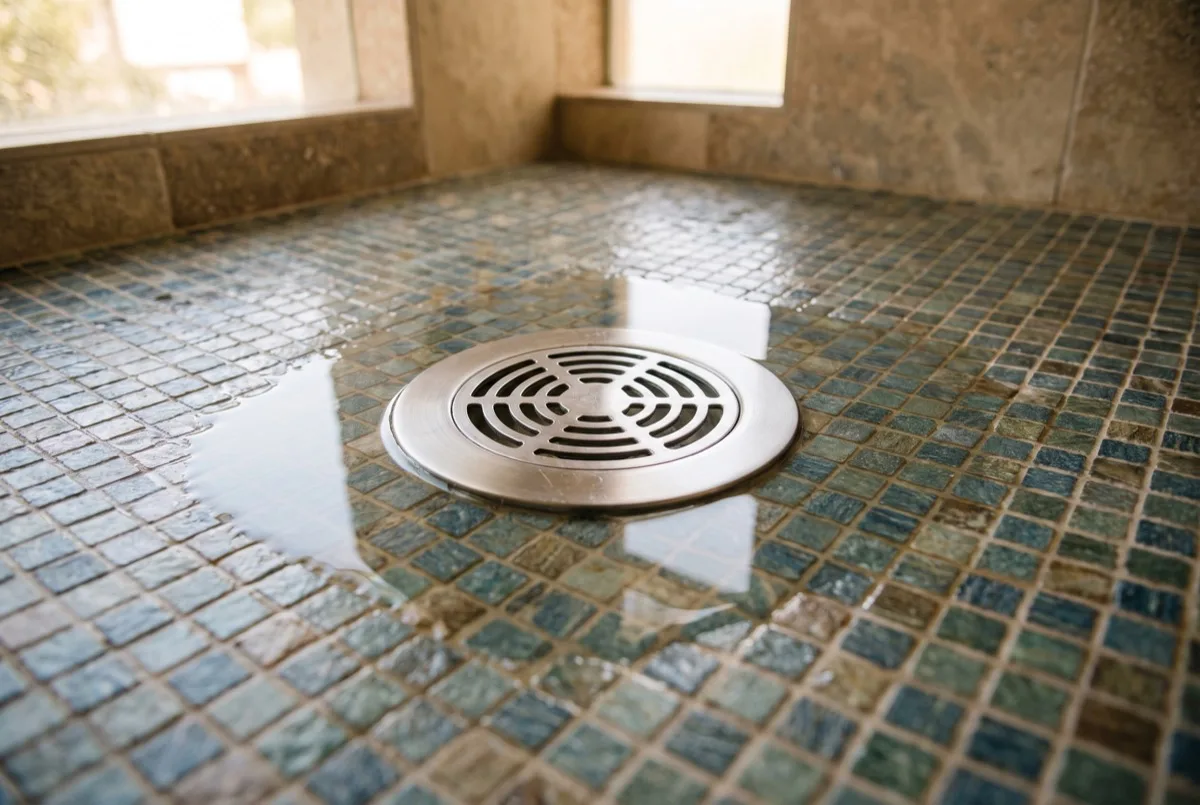 Shower floor drain in a tiled bathroom