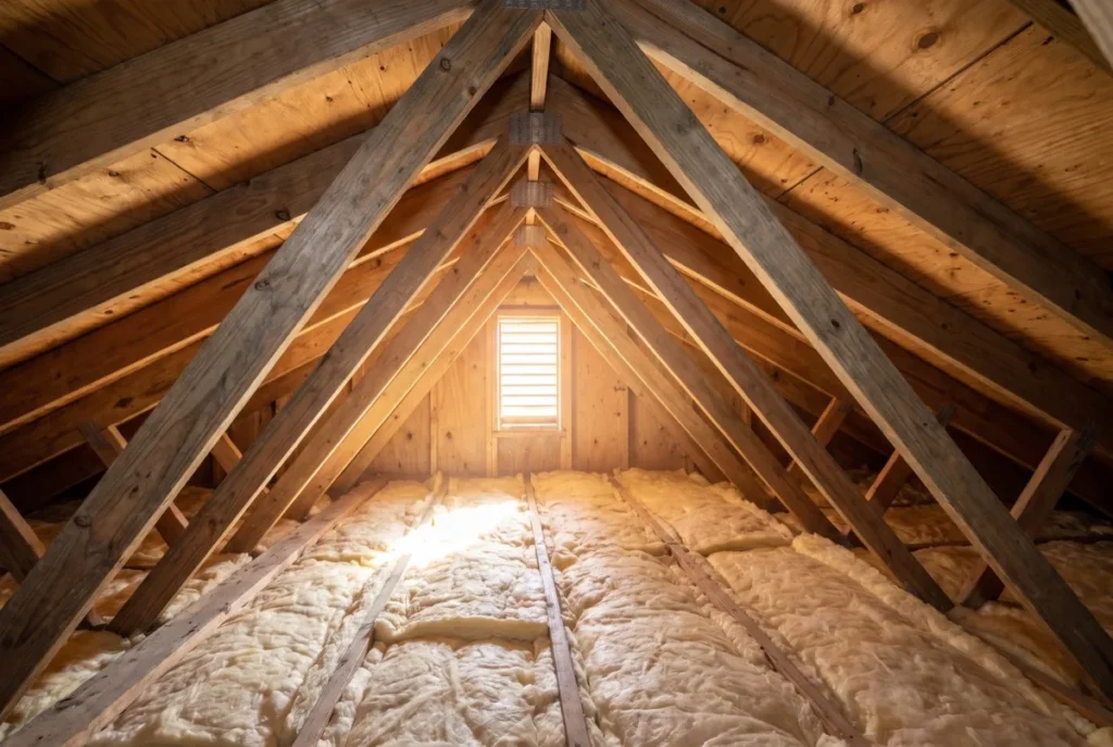 Underside of a roof deck seen from inside an attic