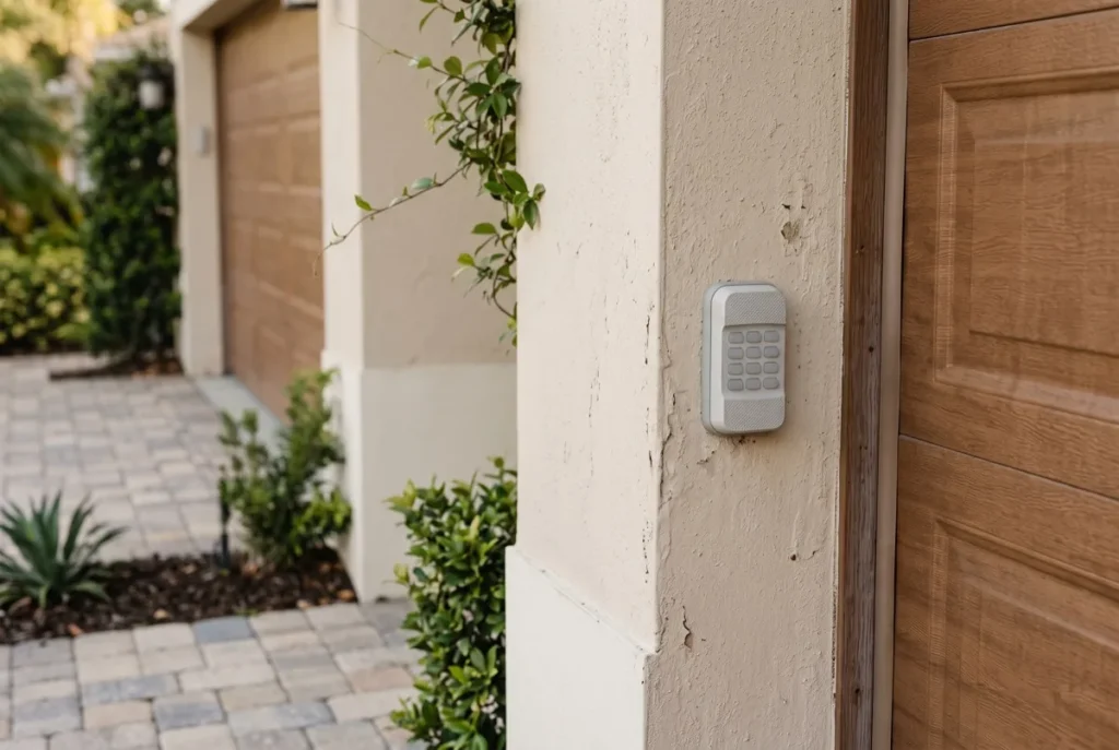 Keypad mounted outside beside a garage door