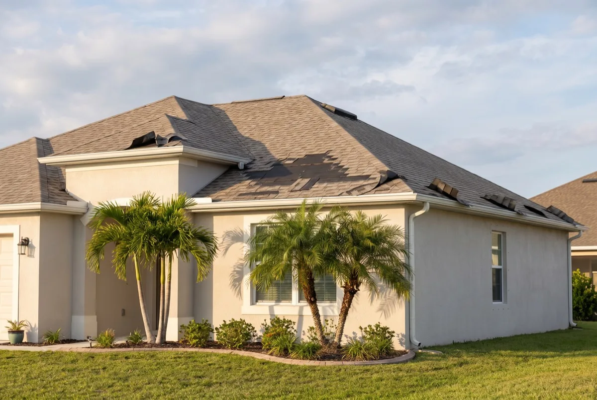 Missing and lifted shingles on a residential roof