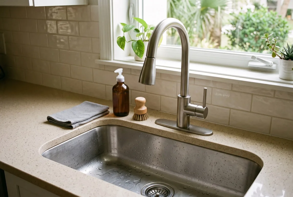 Kitchen faucet mounted at a sink in a Florida home