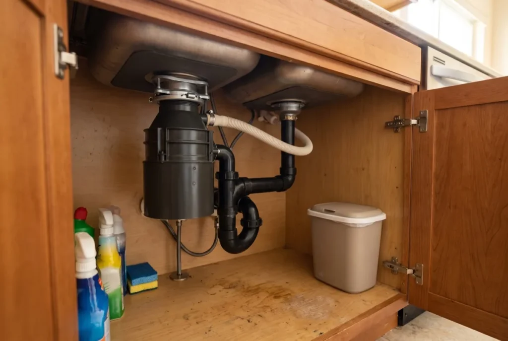 Underside of a kitchen sink where the disposal joins the drain